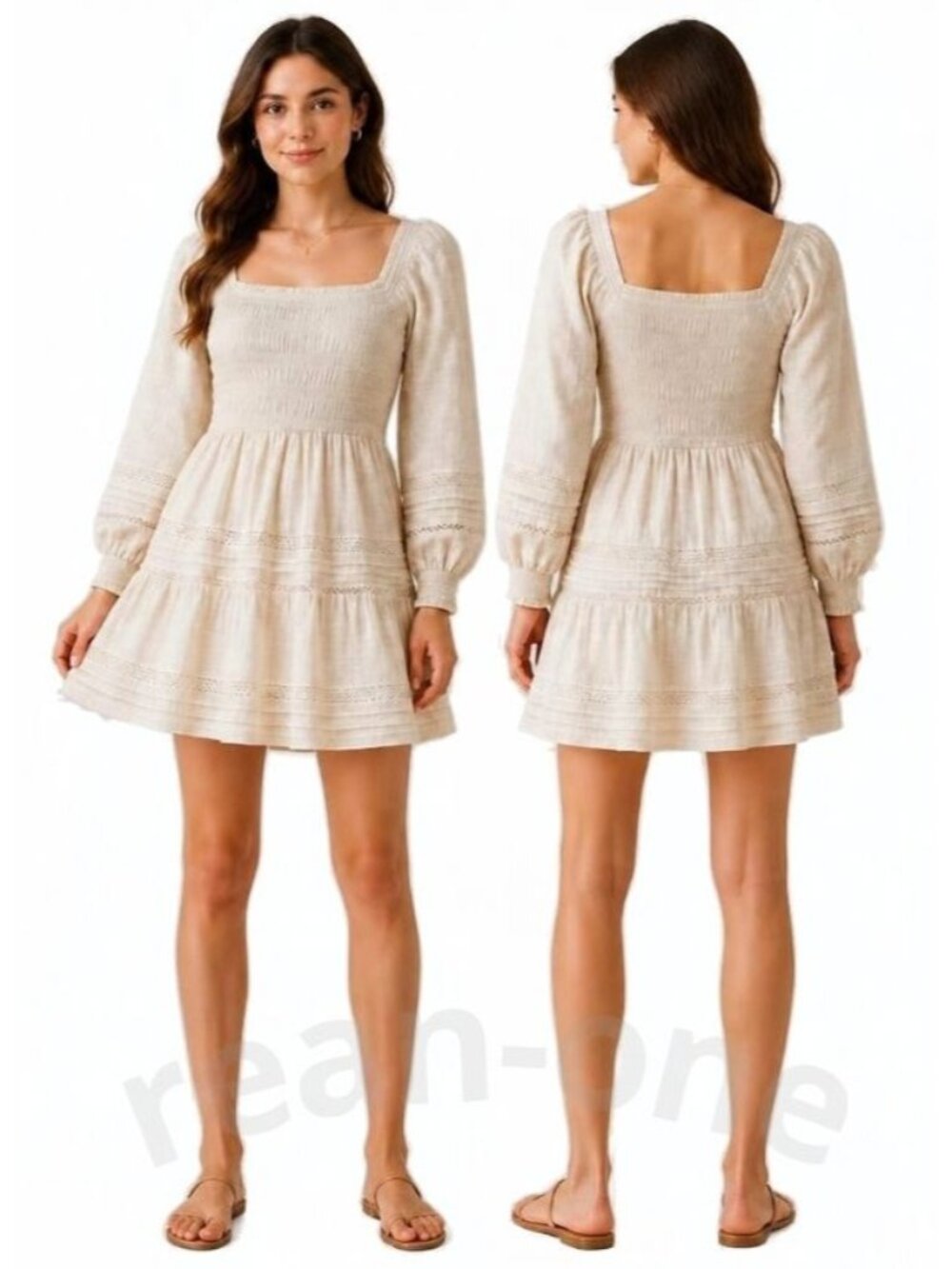 American Eagle Beige Boho Smocked Long Sleeve Mini Dress Women's Size Large